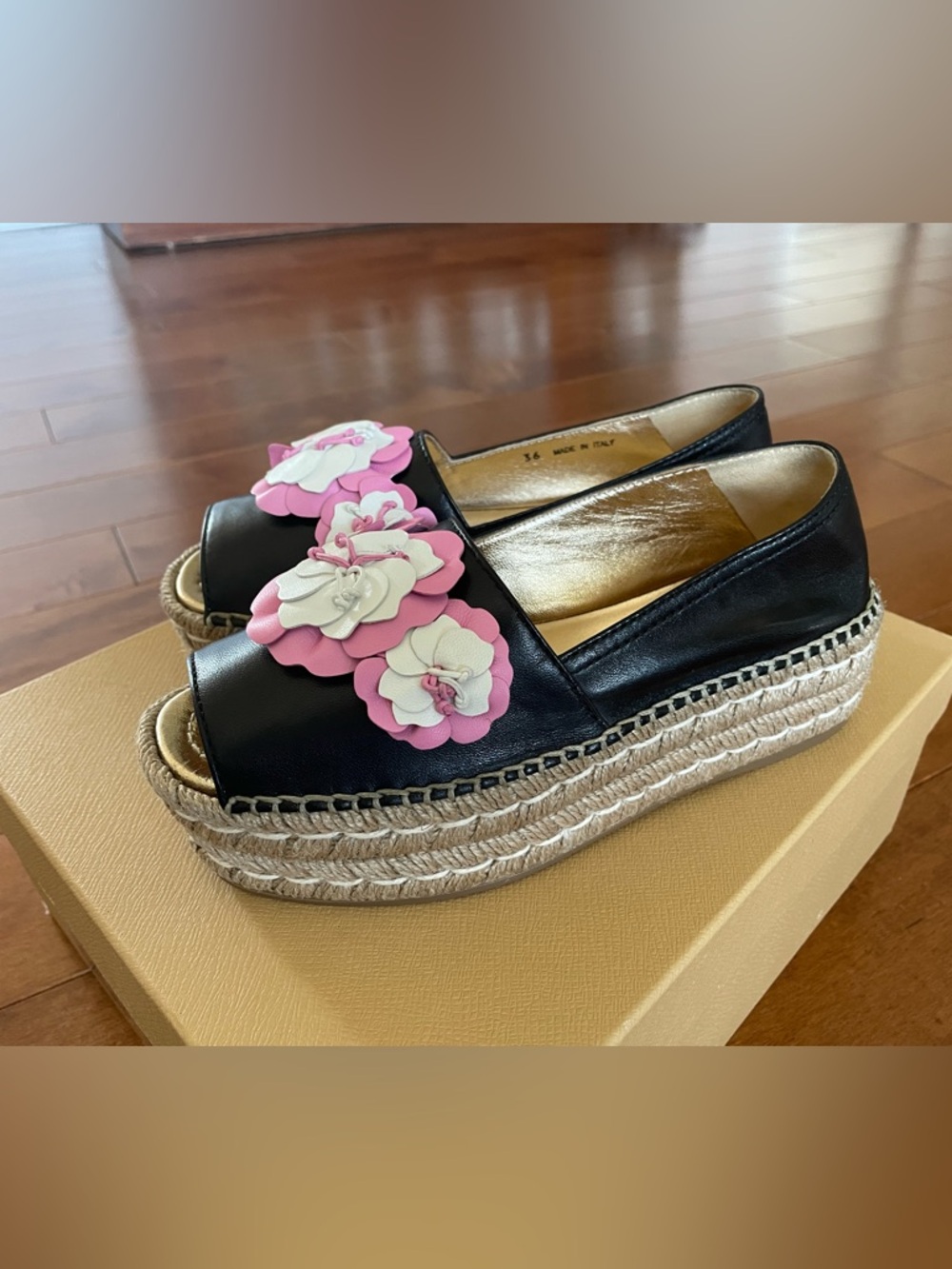 Brand New PRADA Napa Flower Leather Platform Peep Toe Slip on Espadrilles